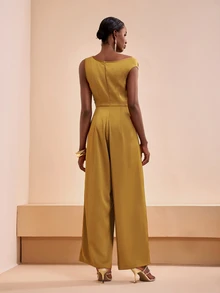 Zivah Elegant Mustard Yellow Summer Jumpsuit For Wedding Guest,Shiny Textured Fabric Asymmetric Ruched Waist Gold Boho Style Party Banquet Business Casual - Yellow - View 3