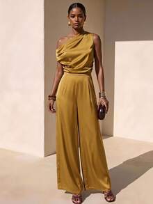 Zivah Elegant Mustard Yellow Summer Jumpsuit For Wedding Guest,Shiny Textured Fabric Asymmetric Ruched Waist Gold Boho Style Party Banquet Business Casual - Yellow - View 2