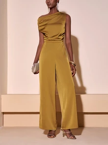 Zivah Elegant Mustard Yellow Summer Jumpsuit For Wedding Guest,Shiny Textured Fabric Asymmetric Ruched Waist Gold Boho Style Party Banquet Business Casual - Yellow - View 6