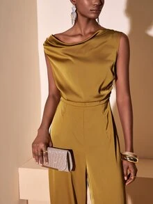 Zivah Elegant Mustard Yellow Summer Jumpsuit For Wedding Guest,Shiny Textured Fabric Asymmetric Ruched Waist Gold Boho Style Party Banquet Business Casual - Yellow - View 7
