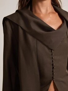 SHEIN BAE Women's Solid Color Scarf Design Long Sleeve Jacket And Skirt Casual Suit Set - Brown - View 4
