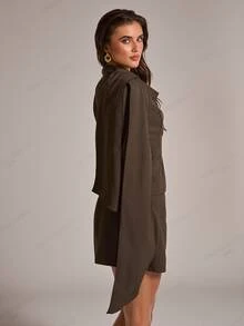 SHEIN BAE Women's Solid Color Scarf Design Long Sleeve Jacket And Skirt Casual Suit Set - Brown - View 5