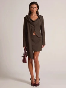 SHEIN BAE Women's Solid Color Scarf Design Long Sleeve Jacket And Skirt Casual Suit Set - Brown - View 6