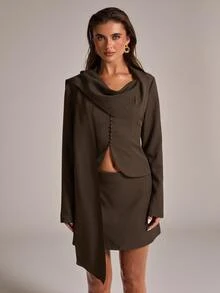 SHEIN BAE Women's Solid Color Scarf Design Long Sleeve Jacket And Skirt Casual Suit Set - Brown - View 7