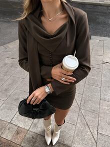 SHEIN BAE Women's Solid Color Scarf Design Long Sleeve Jacket And Skirt Casual Suit Set - Brown - View 1