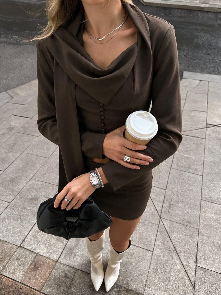 SHEIN BAE Women's Solid Color Scarf Design Long Sleeve Jacket And Skirt Casual Suit Set - Brown - View 1