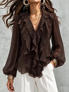 Wandoria Women's Spring Autumn Winter French Style Elegant Luxury Minimalist High-End Design Casual Bohemian Vacation Commute Comfortable Solid Color V-Neck Ruffle Trim Long Sleeve Loose Blouse - Brown - View 3