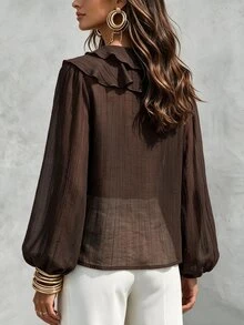 Wandoria Women's Spring Autumn Winter French Style Elegant Luxury Minimalist High-End Design Casual Bohemian Vacation Commute Comfortable Solid Color V-Neck Ruffle Trim Long Sleeve Loose Blouse - Brown - View 2