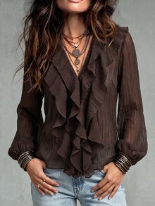 Wandoria Women's Spring Autumn Winter French Style Elegant Luxury Minimalist High-End Design Casual Bohemian Vacation Commute Comfortable Solid Color V-Neck Ruffle Trim Long Sleeve Loose Blouse - Brown - View 1