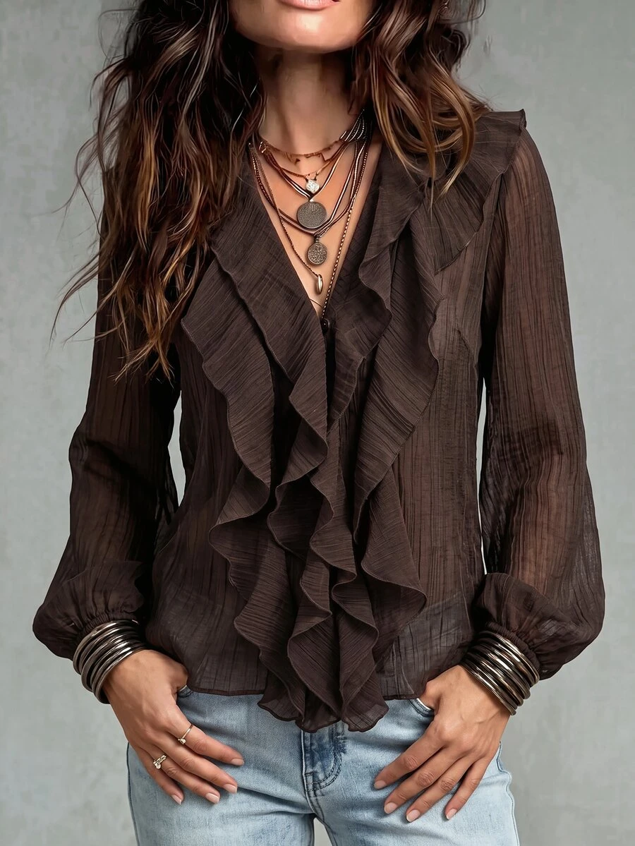 Wandoria Women's Spring Autumn Winter French Style Elegant Luxury Minimalist High-End Design Casual Bohemian Vacation Commute Comfortable Solid Color V-Neck Ruffle Trim Long Sleeve Loose Blouse - Brown - View 1