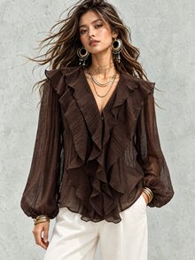 Wandoria Women's Spring Autumn Winter French Style Elegant Luxury Minimalist High-End Design Casual Bohemian Vacation Commute Comfortable Solid Color V-Neck Ruffle Trim Long Sleeve Loose Blouse - Brown - View 4
