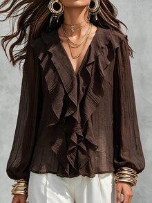 Wandoria Women's Spring Autumn Winter French Style Elegant Luxury Minimalist High-End Design Casual Bohemian Vacation Commute Comfortable Solid Color V-Neck Ruffle Trim Long Sleeve Loose Blouse - Brown - View 5