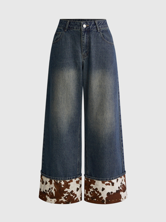 Jean femme taille basse ample décontracté style western rétro Y2K à imprimé vache et décoration rivets
