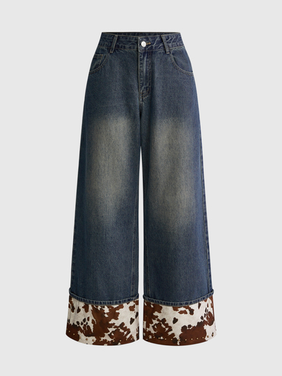 Jeans da donna Y2K retrò con stampa mucca, stile western, decorazione con borchie, vita bassa, vestibilità ampia e casual