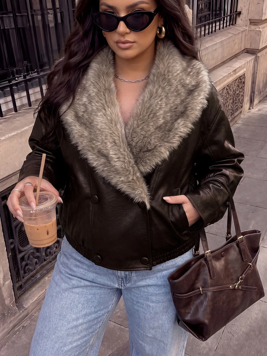 SHEIN BAE CURVE Plus Size Women's Coffee Brown PU & Faux Fur Patchwork Boxy Waist-Cinching Jacket - Chocolate Brown - View 1