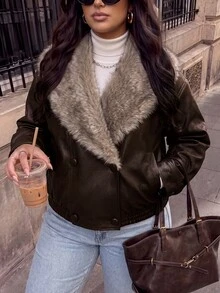 SHEIN BAE CURVE Plus Size Women's Coffee Brown PU & Faux Fur Patchwork Boxy Waist-Cinching Jacket - Chocolate Brown - View 2