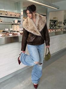 SHEIN BAE CURVE Plus Size Women's Coffee Brown PU & Faux Fur Patchwork Boxy Waist-Cinching Jacket - Chocolate Brown - View 6