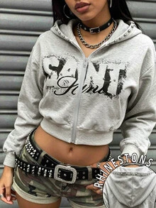 Collagica Collagica A Versatile, Street-Style Women's Casual Goth Zip-Up Sweatshirt Featuring Lettering And Stud Embellishments. Halloween Going Out Night Out Beige Fall - Multicolor - View 5