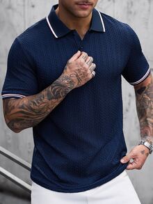 Manfinity CasualCool 男士拼色休閒百搭通勤旅行短袖 Polo 衫 - 寶藍色 - 查看 4