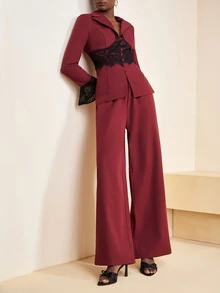 Zivah Women's Burgundy Elegant Autumn 2-Piece Pant Suit Set,Lace Trim Tailored A-Line Blazer&Wide-Leg Trousers For Dining,Party,Business Casual,New Year - Burgundy - View 7