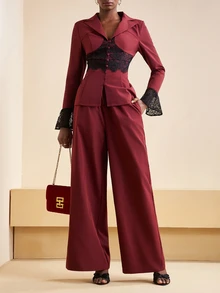 Zivah Women's Burgundy Elegant Autumn 2-Piece Pant Suit Set,Lace Trim Tailored A-Line Blazer&Wide-Leg Trousers For Dining,Party,Business Casual,New Year - Burgundy - View 3