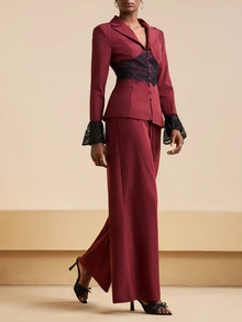 Zivah Women's Burgundy Elegant Autumn 2-Piece Pant Suit Set,Lace Trim Tailored A-Line Blazer&Wide-Leg Trousers For Dining,Party,Business Casual,New Year - Burgundy - View 5