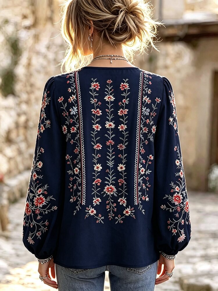 SHEIN Women's Floral Pattern Casual Daily Wear Shirt - Navy Blue - View 2