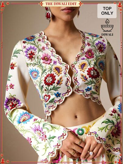 LOTSLUV Women's Ivory Floral Print Cropped Top,Long Sleeve,Scalloped Hem,Open Front,Western Elegant,Diwali,Festival,Party,Wedding,Cropped Top