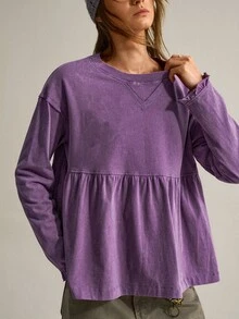 SHEIN بلوزة رياضية نسائية بسيطة وكاجوال بلون موحد وأكمام طويلة - الأرجواني - مشاهدة 6