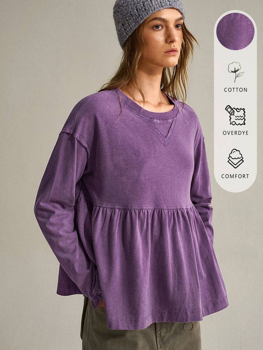 SHEIN بلوزة رياضية نسائية بسيطة وكاجوال بلون موحد وأكمام طويلة - الأرجواني - مشاهدة 1