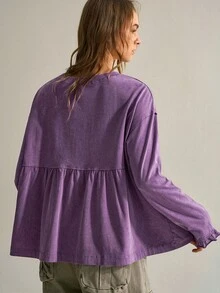SHEIN بلوزة رياضية نسائية بسيطة وكاجوال بلون موحد وأكمام طويلة - الأرجواني - مشاهدة 2