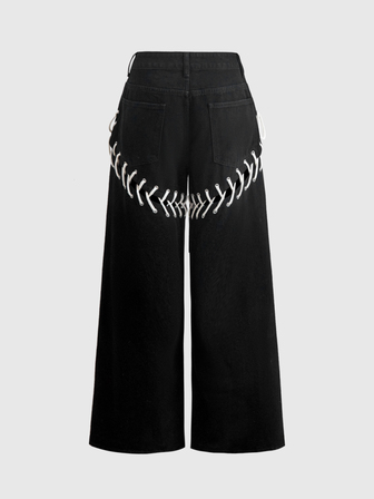 Street Life Streetwear Y2K White Lace-Up Black Straight Leg Women's Jeans