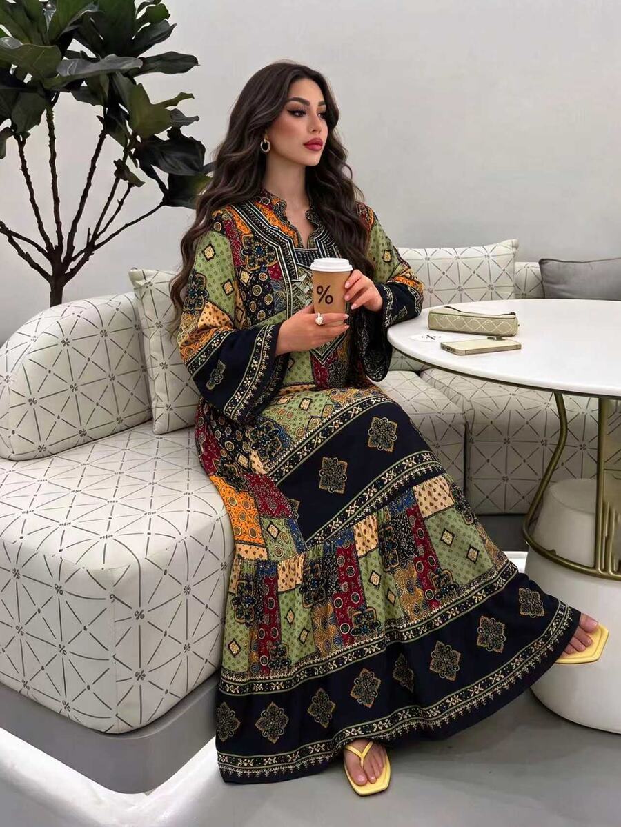 Al Najma 女款保守休閒多色碎花長洋裝,秋季穿著,適合派對、約會之夜、特殊場合與晚宴活動 - 彩色 - 查看 1