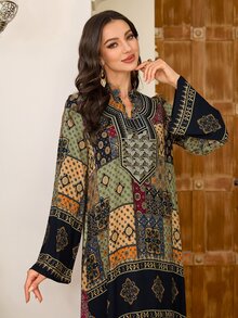 Al Najma 女款保守休閒多色碎花長洋裝，秋季穿著，適合派對、約會之夜、特殊場合與晚宴活動 - 彩色 - 查看 4