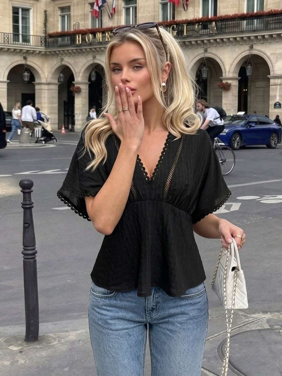 Pariaura Spring Summer French Black Lace Trim Blouse, V-Neck Cutout Waist Short Sleeve Textured Peplum Top
