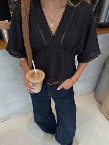 Pariaura Spring Summer French Black Lace Trim Blouse, V-Neck Cutout Waist Short Sleeve Textured Peplum Top - Black - View 4
