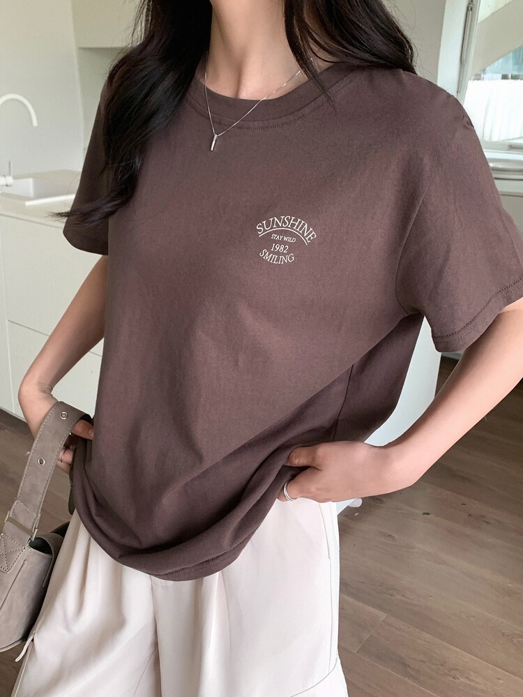 DAZY Camiseta De Manga Corta Con Impresión De Letras - Café integral - Añade 9