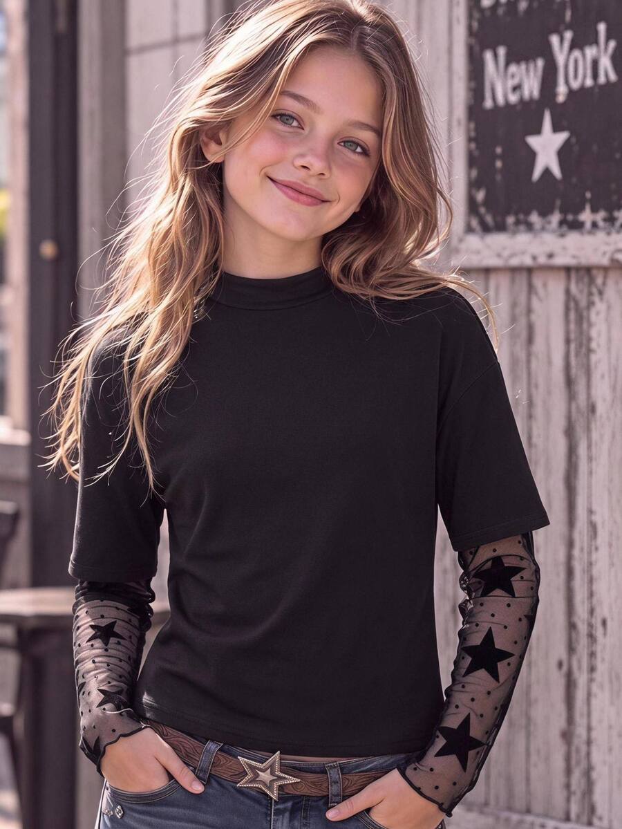 SHEIN Tween Girl High Neck Patchwork Long Sleeve Top, Solid Color Main Fabric Soft & Skin-Friendly, Mesh Patchwork Sleeve Design With Black Star Pattern, Sheer & Unique Mesh, Slim Fit Cropped Style, Side Ruched Detail To Flatter Silhouette, & Personalized Style - Black - View 1