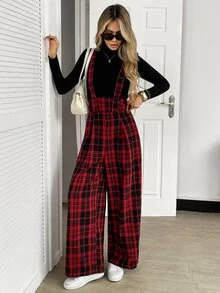 Elyressa Women's Autumn Plaid Wide Leg Loose Casual Overalls - Red - View 3