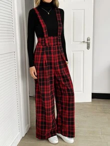 Elyressa Women's Autumn Plaid Wide Leg Loose Casual Overalls - Red - View 4