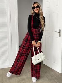 Elyressa Women's Autumn Plaid Wide Leg Loose Casual Overalls - Red - View 5