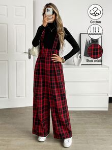 Elyressa Women's Autumn Plaid Wide Leg Loose Casual Overalls - Red - View 1
