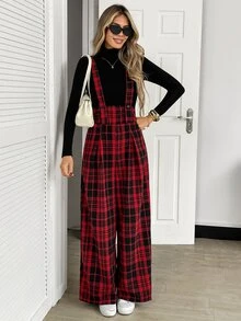 Elyressa Women's Autumn Plaid Wide Leg Loose Casual Overalls - Red - View 6