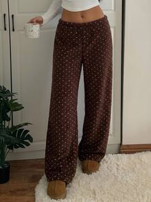 CovetEZ 女款波點休閒百搭日常長褲 聖誕居家褲 深棕色 冬季 - 棕色 - 查看 3