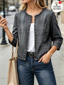 SHEIN Cardigan Pendek Wanita Lengan 3/4 dengan Jahitan Kontras, Cardigan Depan Terbuka Tanpa Kancing, Kain Ringan yang Jatuh dengan Indah - Grey - View 7