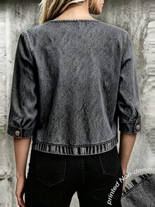 SHEIN Cardigan Pendek Wanita Lengan 3/4 dengan Jahitan Kontras, Cardigan Depan Terbuka Tanpa Kancing, Kain Ringan yang Jatuh dengan Indah - Grey - View 2