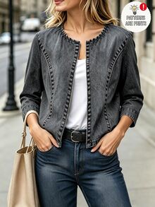 SHEIN Cardigan Pendek Wanita Lengan 3/4 dengan Jahitan Kontras, Cardigan Depan Terbuka Tanpa Kancing, Kain Ringan yang Jatuh dengan Indah - Grey - View 6