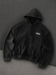 Mainfolk Men's Casual Loose Fit Zip-Up Hoodie Sweatshirt, Spring/Autumn/Winter, Standard Size, Plain With Snowflake Pattern - Dark Grey - View 2
