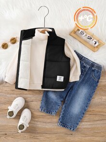 SHEIN 3件組男嬰秋冬休閒加厚抓絨背心外套白色高領上衣與牛仔褲套裝 外穿服飾 嬰兒滑雪套裝 - 彩色 - 查看 7