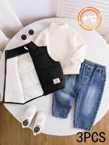 SHEIN 3件組男嬰秋冬休閒加厚抓絨背心外套白色高領上衣與牛仔褲套裝 外穿服飾 嬰兒滑雪套裝 - 彩色 - 查看 3